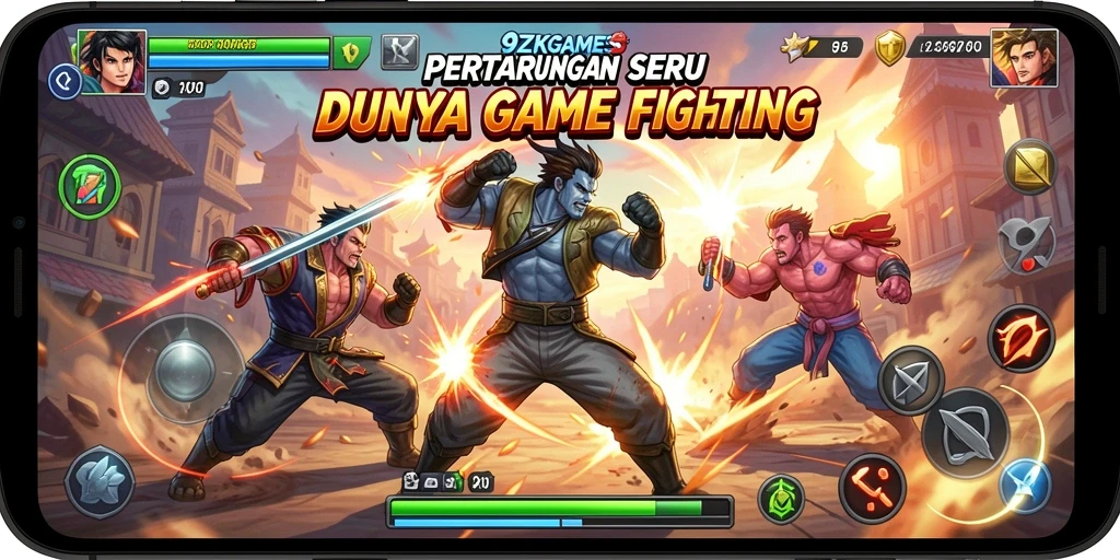 Screenshot utama 9ZKGAMES menampilkan aksi pertarungan seru dengan karakter yang kaya.