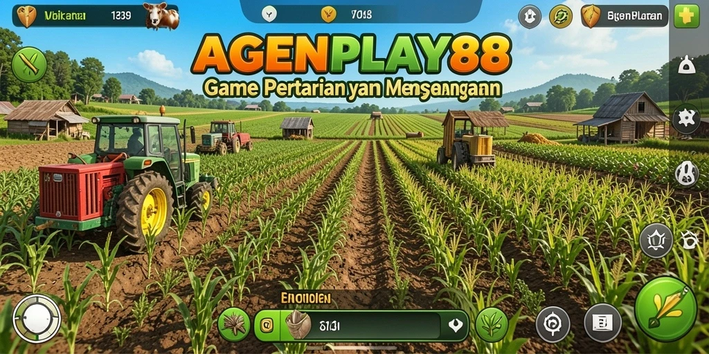 Tangkapan layar gameplay AGENPLAY88 menampilkan ladang yang hijau dan aktivitas bertani.