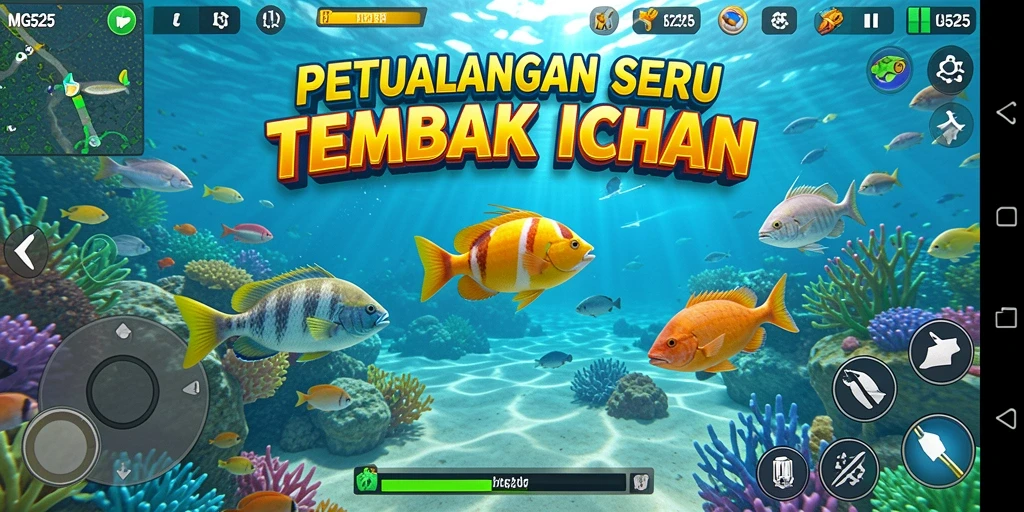 Screenshot utama MG525 menampilkan aksi seru menembak ikan.
