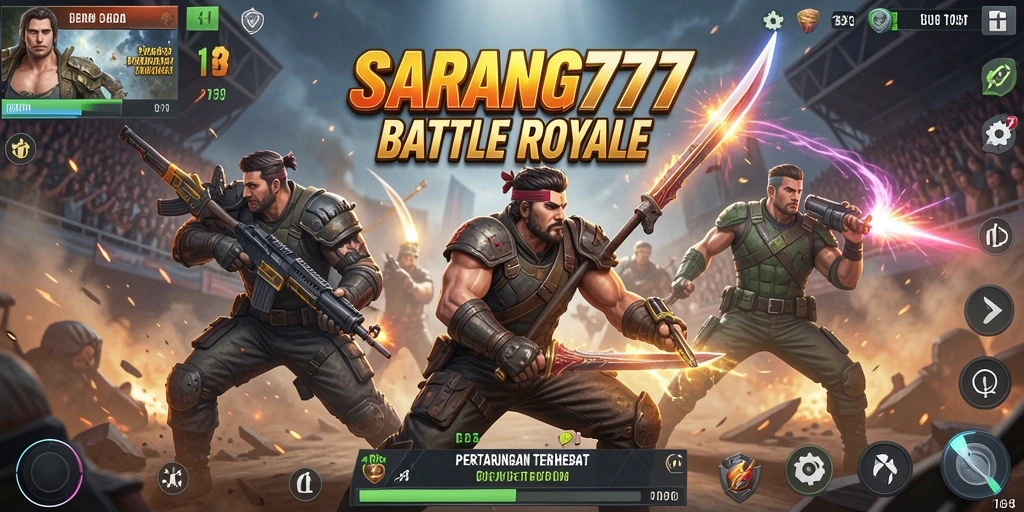 Screenshot gameplay SARANG777 menampilkan aksi pertempuran seru dalam Battle Royale.