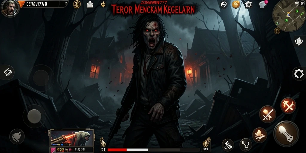 Screenshot gameplay ZONAWIN777 menampilkan suasana mencekam dan makhluk horor.